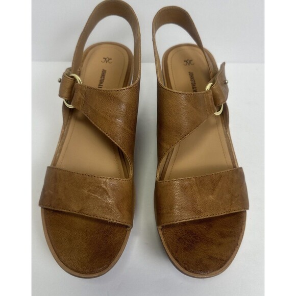 Johnston and Murphy Brown Leather Open Toe Wedges Wooden Heel Gold Buckle Sz 10 - Picture 3 of 10
